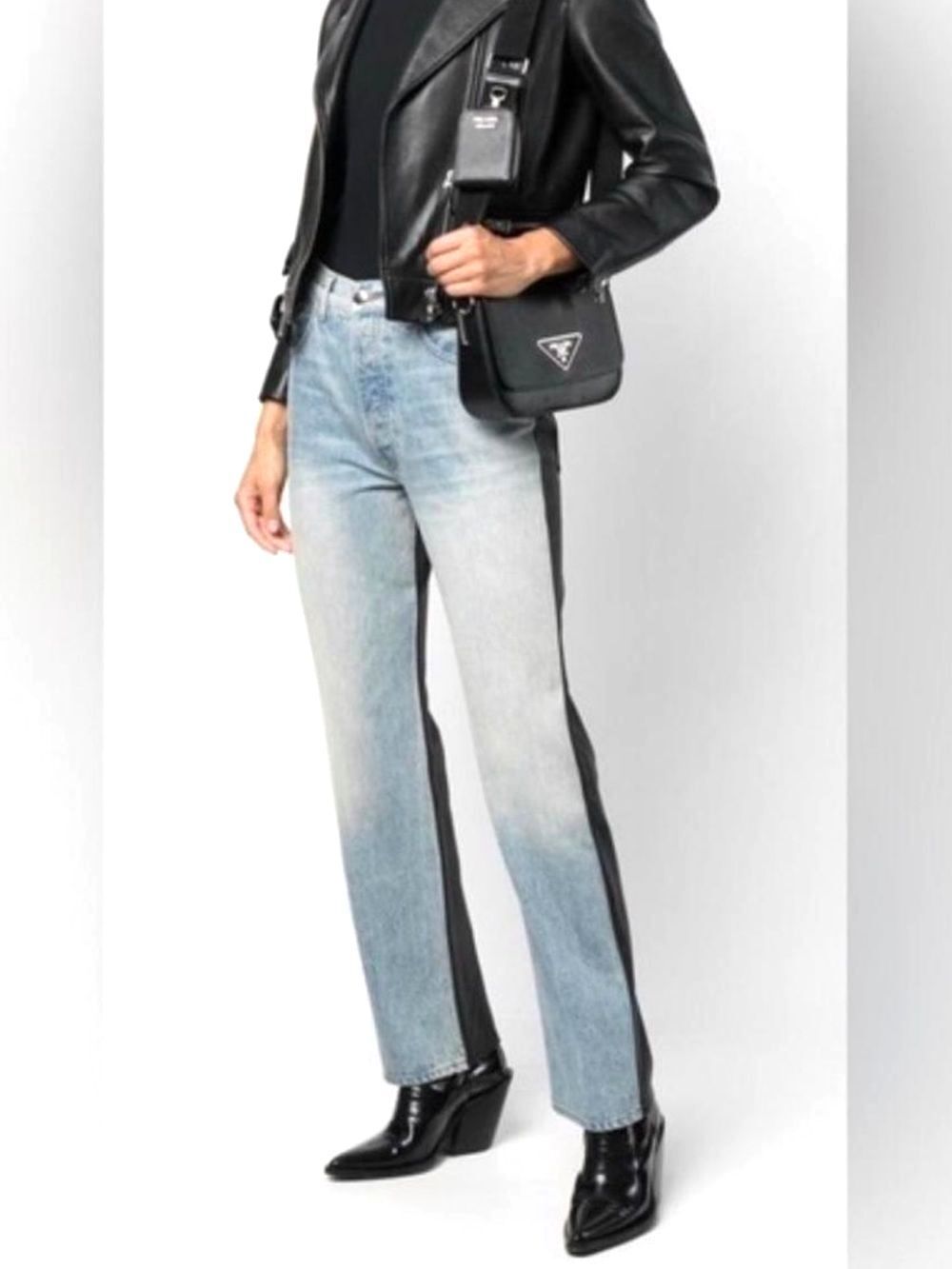 AMIRI Chic Two-Tone Black Leather Denim Straight-Leg Jeans Sz 27/28 NWT $1,480!!